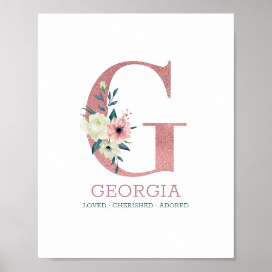 Monogram Letter G Roze Waterverf Floral Nursery Poster (Voorkant)