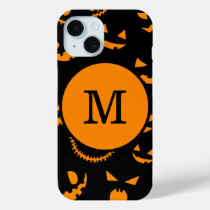 Monogram Letter Griezelige Jack O Lantern Gezichte iPhone 15 Case