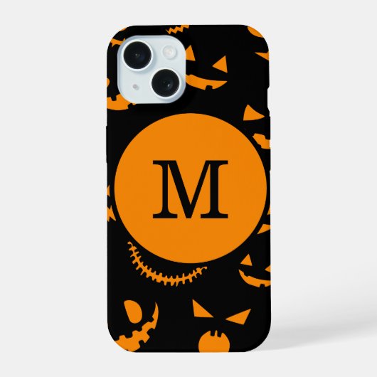 Monogram Letter Griezelige Jack O Lantern Gezichte iPhone 15 Case (Achterkant)