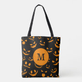 Monogram Letter Griezelige Jack O Lantern Gezichte Tote Bag (Achterkant)