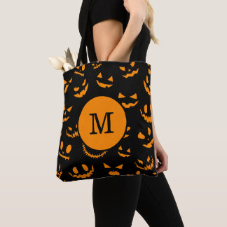 Monogram Letter Griezelige Jack O Lantern Gezichte Tote Bag