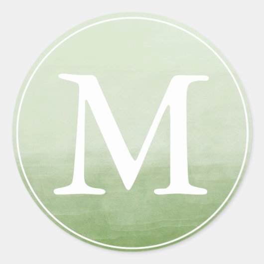 Monogram Letter Groene Waterverf Ombre Ronde Sticker (Voorkant)