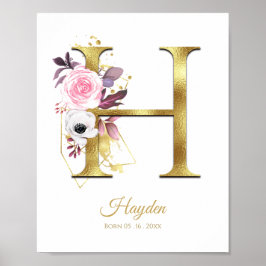 Monogram Letter H Gold Foil & Pink Floral Nursery Poster