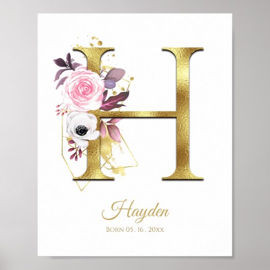Monogram Letter H Gold Foil & Pink Floral Nursery Poster (Voorkant)