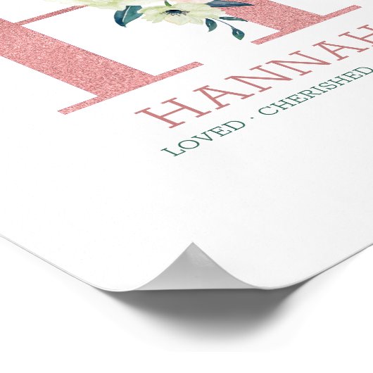 Monogram Letter H Roze Waterverf Bloemenkinderkame Poster (Hoek)