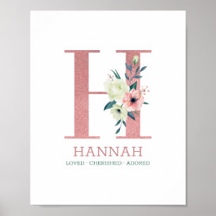 Monogram Letter H Roze Waterverf Bloemenkinderkame Poster
