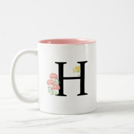 Monogram Letter H Waterverf Roze bloemen Illustrat Tweekleurige Koffiemok