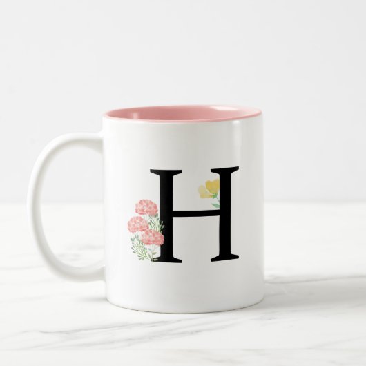 Monogram Letter H Waterverf Roze bloemen Illustrat Tweekleurige Koffiemok (Links)