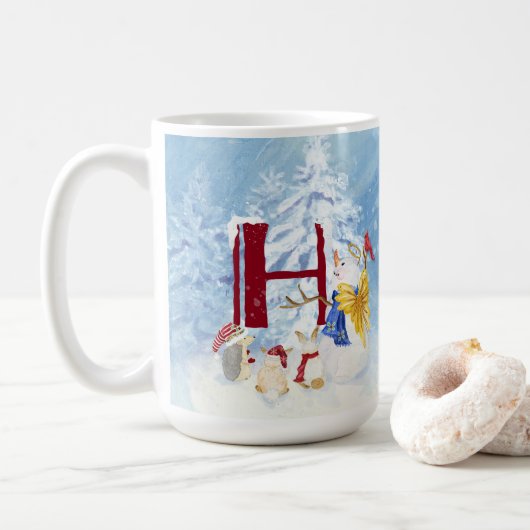 Monogram Letter H Winter Trees Kerstmis Snowman Koffiemok (Met donut)