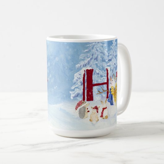 Monogram Letter H Winter Trees Kerstmis Snowman Koffiemok (Voorkant rechts)