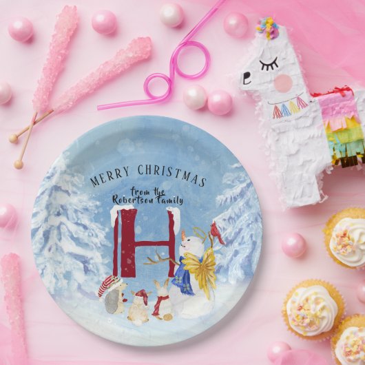 Monogram Letter H Winter Trees Kerstmis Snowman Papieren Bordje (Feest)
