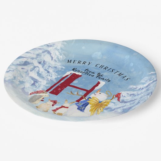 Monogram Letter H Winter Trees Kerstmis Snowman Papieren Bordje (Gekanteld)