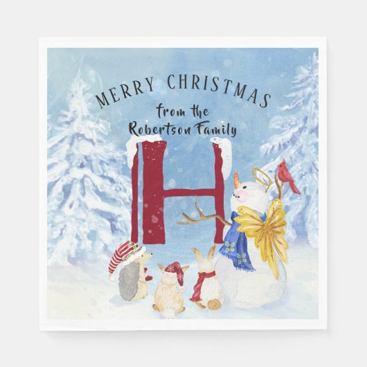 Monogram Letter H Winter Trees Kerstmis Snowman Servet (Voorkant)