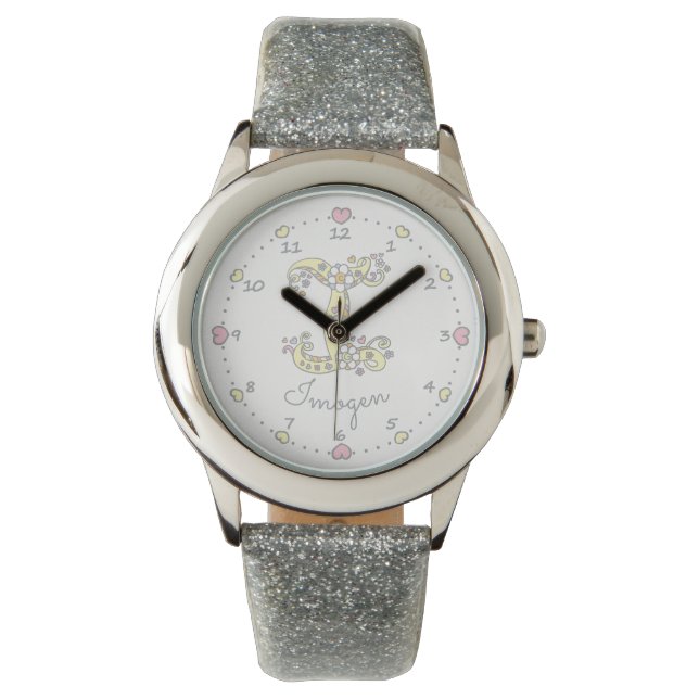 Monogram letter I bloemhart, aangepaste naam Imoge Horloge (Voorkant)