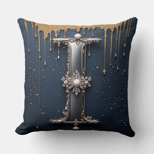 Monogram Letter I Marinegoud Druppelende Verf Kussen (Voorkant)