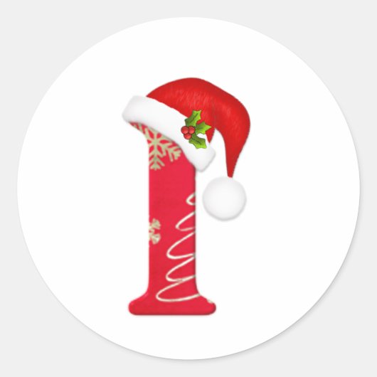 Monogram letter I, Santa hat Kerst sticker (Voorkant)