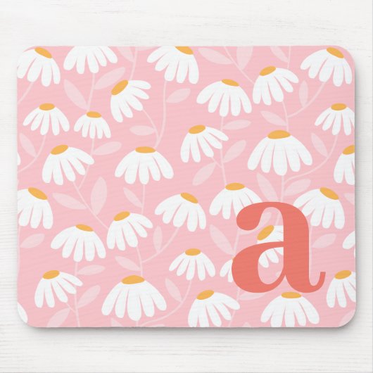 Monogram Letter Initial Roze/Wit Bloemmotief Muismat (Voorkant)