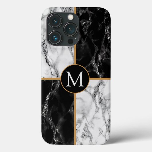 Monogram Letter iPhone Case Black White Marble (Achterkant)