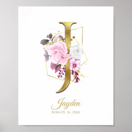 Monogram Letter J Gold Foil & Pink Floral Nursery Poster