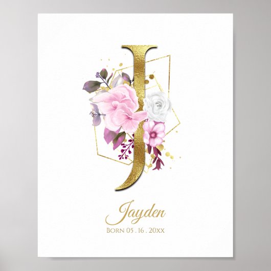 Monogram Letter J Gold Foil & Pink Floral Nursery Poster (Voorkant)