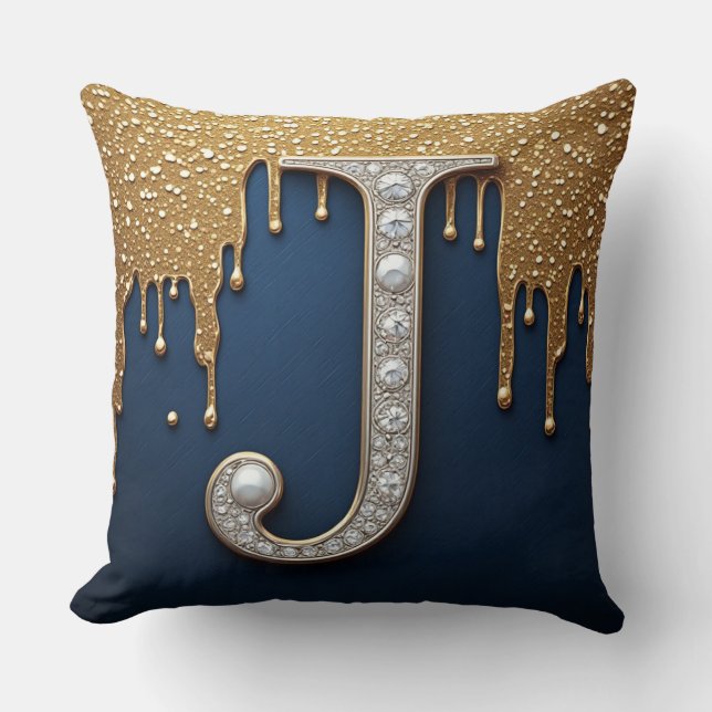 Monogram Letter J Marine Goud Druppelende Verf Kussen (Voorkant)