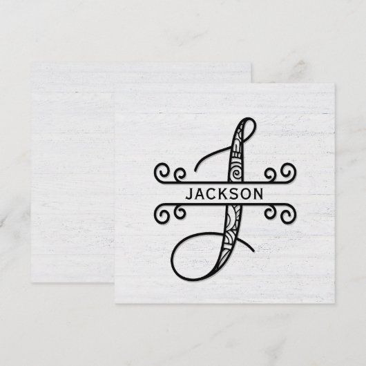Monogram Letter J met Kaart familienaam Note Notitiekaartje (Voorkant / Achterkant)