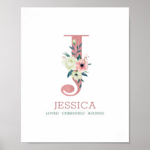 Monogram Letter J Roze Waterverf Bloemenkinderkame Poster