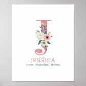 Monogram Letter J Roze Waterverf Floral Nursery Poster (Voorkant)