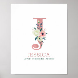 Monogram Letter J Roze Waterverf Floral Nursery Poster