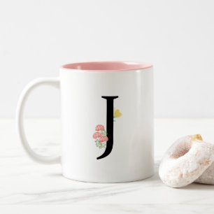 Monogram Letter J Waterverf Roze Roses Modern Tweekleurige Koffiemok