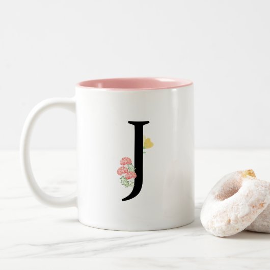 Monogram Letter J Waterverf Roze Roses Modern Tweekleurige Koffiemok (Met donut)
