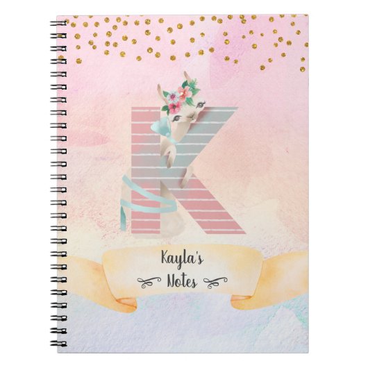 Monogram Letter K Baby Llama Girl Daily Diary Notitieboek (Voorkant)