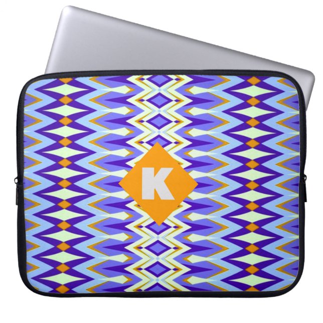 Monogram Letter K Blue en Oranje geometrisch Laptop Sleeve (Voorkant)