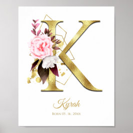 Monogram Letter K Gold Foil & Pink Floral Nursery Poster