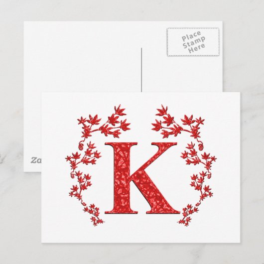 Monogram Letter K Red Leaves Briefkaart (Voorkant / Achterkant)
