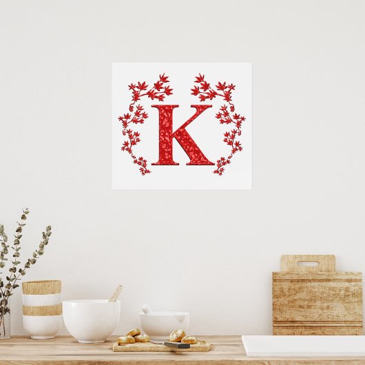 Monogram Letter K Red Leaves Poster (Keuken)