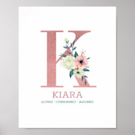Monogram Letter K Roze Waterverf Floral Neursery Poster