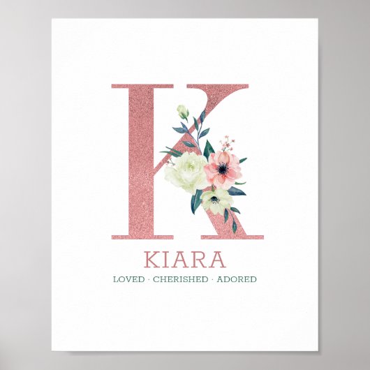 Monogram Letter K Roze Waterverf Floral Neursery Poster (Voorkant)