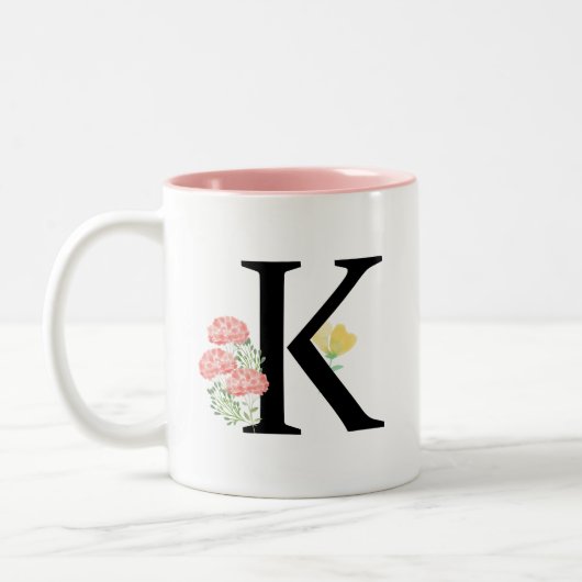 Monogram Letter K Waterverf Roos Floral Spray Tweekleurige Koffiemok (Links)