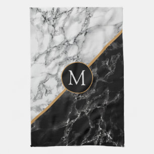 Monogram Letter Keuken Handdoek Zwart Wit Marmer