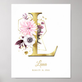 Monogram Letter L Gold Foil & Pink Floral Nursery Poster