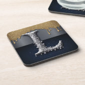 Monogram Letter L Goud Druppelend Zilver Luxe Bier Onderzetter (Linkerzijde)