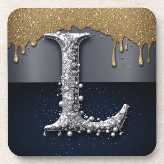 Monogram Letter L Goud Druppelend Zilver Luxe Bier Onderzetter (Voorkant)