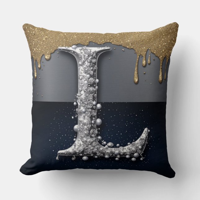 Monogram Letter L Goud Druppelend Zilver Luxe Kussen (Voorkant)