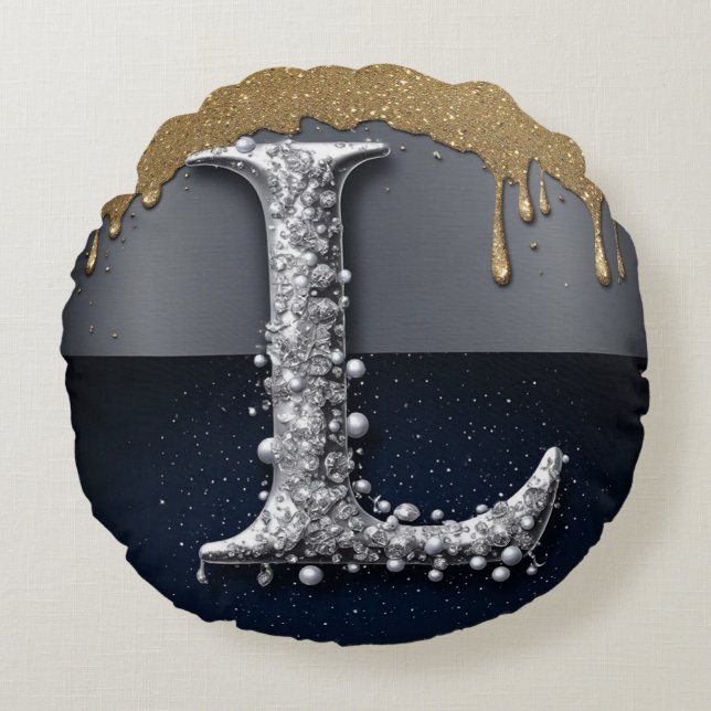 Monogram Letter L Goud Druppelend Zilver Luxe Rond Kussen (Voorkant)