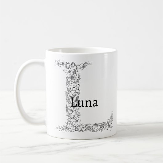 Monogram Letter L Zwart Wit Botanische Bloemen Koffiemok (Links)