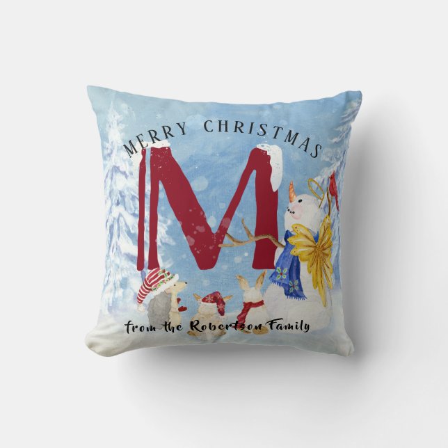 Monogram Letter M Angel Snowman Kerstmis Kussen (Voorkant)