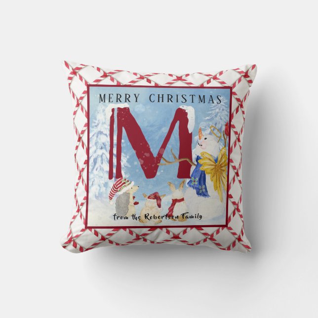 Monogram Letter M Angel Snowman Kerstmis Kussen (Voorkant)