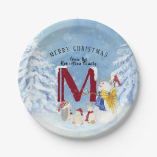 Monogram Letter M Angel Snowman Kerstmis Papieren Bordje