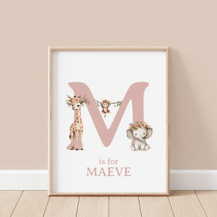 Monogram Letter M Boho Oerwoud Animal Nursery Wall Poster